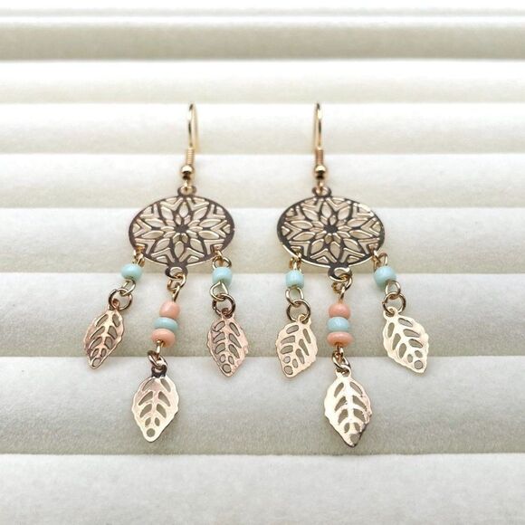 Yellow Gold with Green and Peach Beaded Boho Style Dream Catcher Hook Earrings - Picture 4 of 8